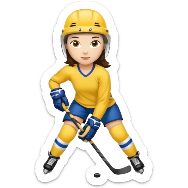Girl hockey player with yellow jersey full body brunette with helmet sticker