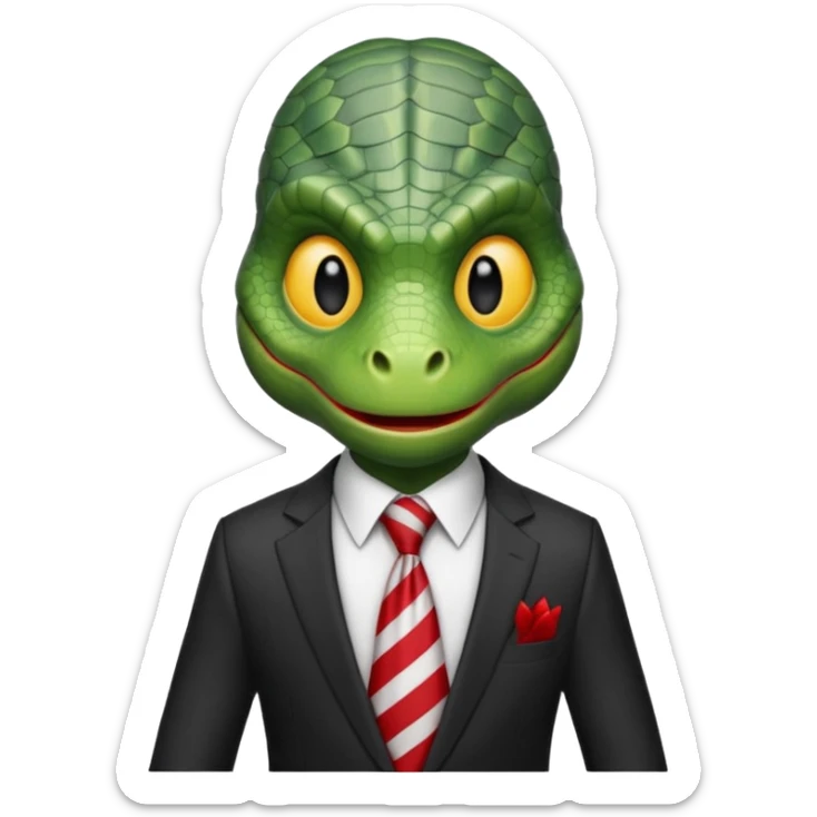 A reptilian humanoid dressing a suit, striped red and white tie, human emoji style, his face is seriously and sarcastic sticker