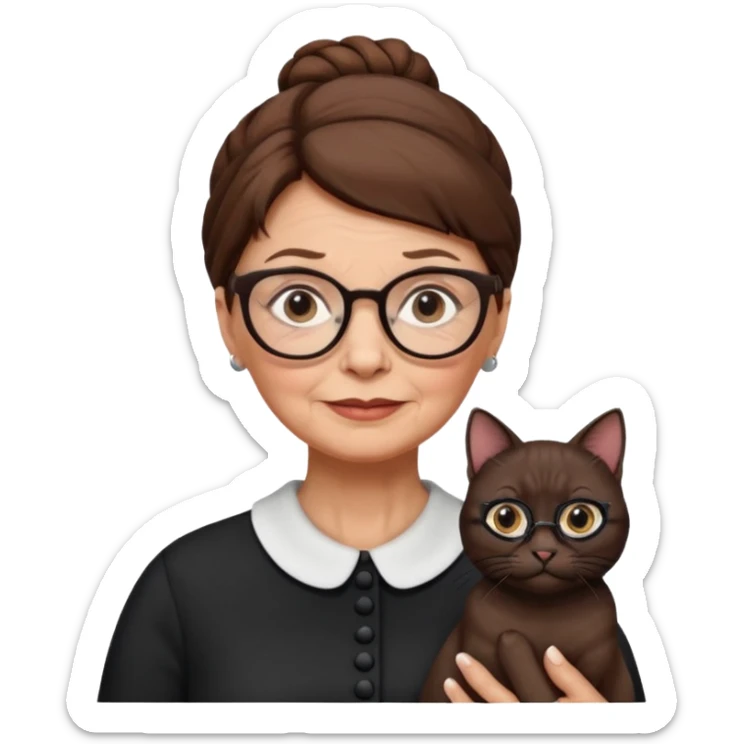 Old woman with brown hair one bun and glasses, white European with black cat sticker