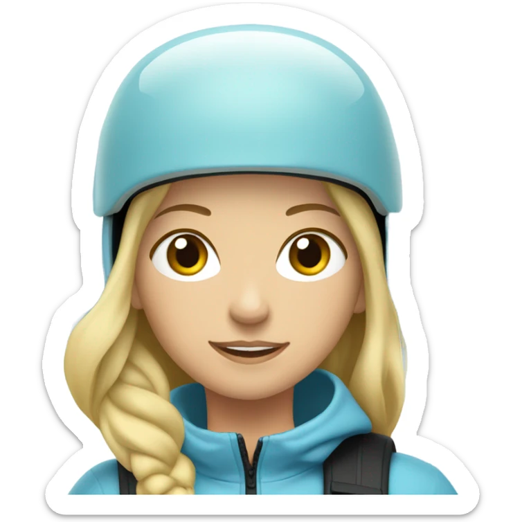 Blonde girl skiing with light blue jacket and black helmet near tree sticker