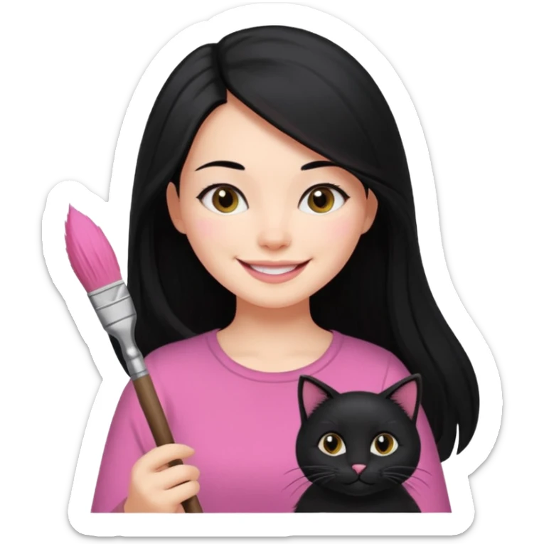 Painting women. smilling   Long black hair,  lunette peinture top pink, pinceau with is black cat  sticker