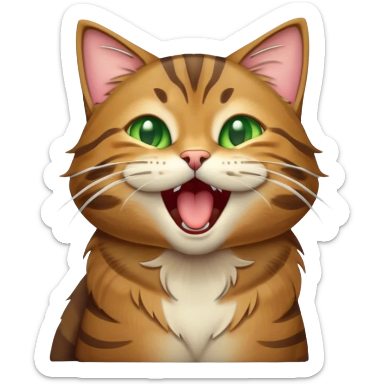 Cinematic Cute Yawning Brown Tabby Cat Portrait Emoji, Head tilted slightly with a dramatic, wide-open yawn, soft brown fur with bold tabby markings, long whiskers stretching forward, golden-green eyes barely open in drowsy contentment, Simplified yet irresistibly adorable features, highly detailed, glowing with a soft, cozy glow, high shine, relaxed yet expressive, stylized with a touch of whimsy, bright and endearing, soft glowing outline, capturing the essence of a sleepy yet affectionate kitty, so drowsy it feels like it could stretch right out of the screen and curl up for a nap! sticker