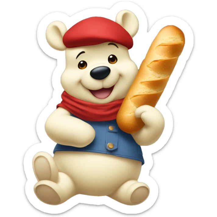 white winnie the pooh, parisien style with red beret on hair and baguette 🥖  on arms, in front of eiffel tower sticker