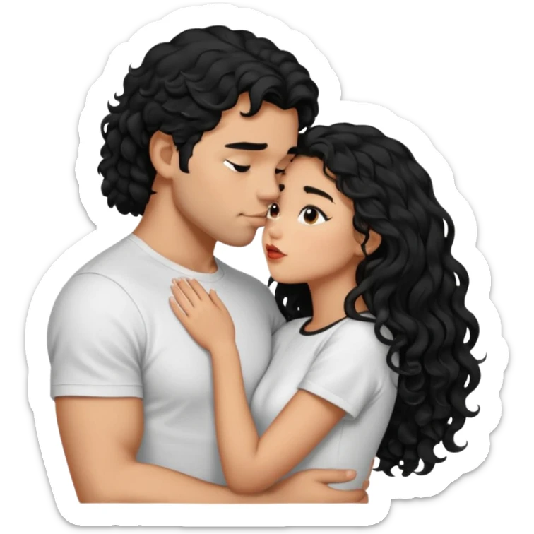 a strong man with short STRAIGHT black hair kissing a shorter girl with long black curly hair sticker