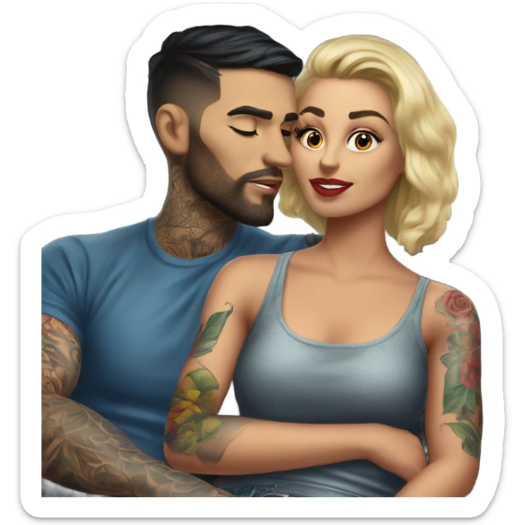 Hyper Realistic gorgeous woman and handsome tattooed man kissing in the front seat of a car sticker