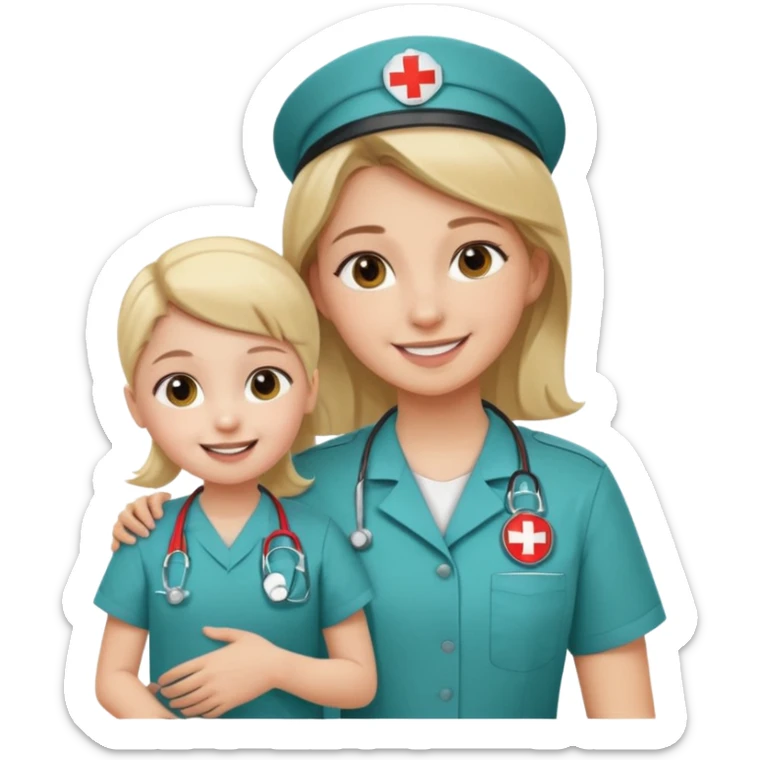 A young medic (woman) attending to a child at the local hospital sticker