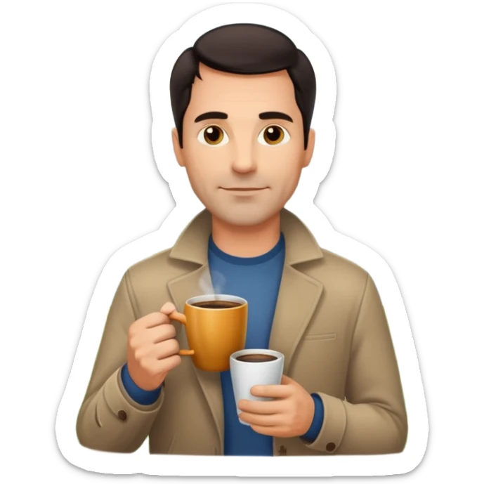 A handsome 45 year old white man with dark hair in a very foggy park with a city view drinking a cup of coffee sticker