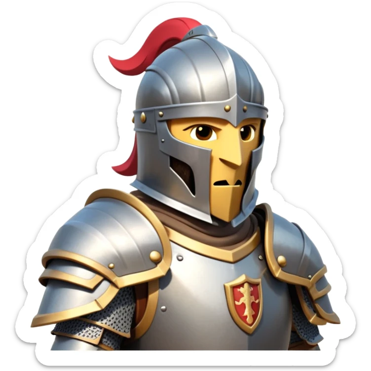 clash-of-clans-aesthetic_-cinematic-fearsome-and-majestic-knight-bust-portrait-emoji, rendered in a flat, vector-style with minimal shading and bold, simplified shapes, depicting a battle-ready medieval knight with steely eyes and intricate armor, mounted on a warhorse reflecting sunlight over a misty battlefield. sticker