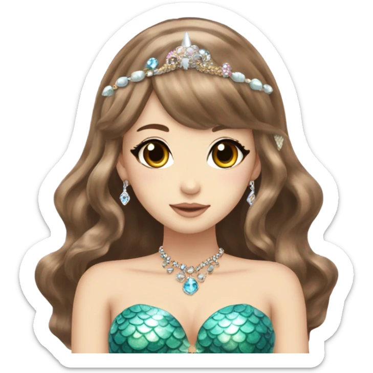 mermaid hime gyaru girl, brown hair, jewerly sticker