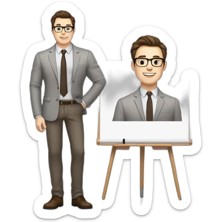 Pale skinned fit man with dark brown hair in gray jacket, beige office shirt, brown tie, brown pants and vintage glasses Writing text on a marker board sticker