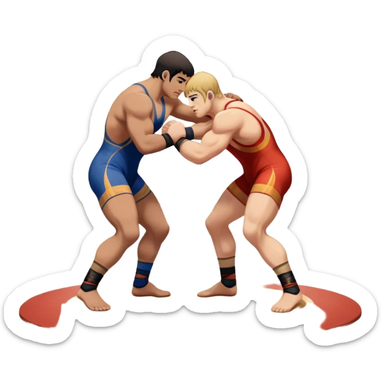 An icon showcasing two wrestlers engaged in a Greco-Roman wrestling match. The athletes are locked in a strong clinch, using their upper bodies to dominate. The background features a wrestling mat and traditional Greco-Roman elements. Transparent background. sticker
