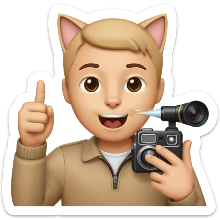 We need an emoji, where he takes a cam, a thumb comes out of his mouth, and he blows a cat out, then a little finger flies out of the cam sticker