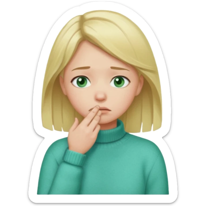 blonde girl in green jumper with hand on throat, sad sticker