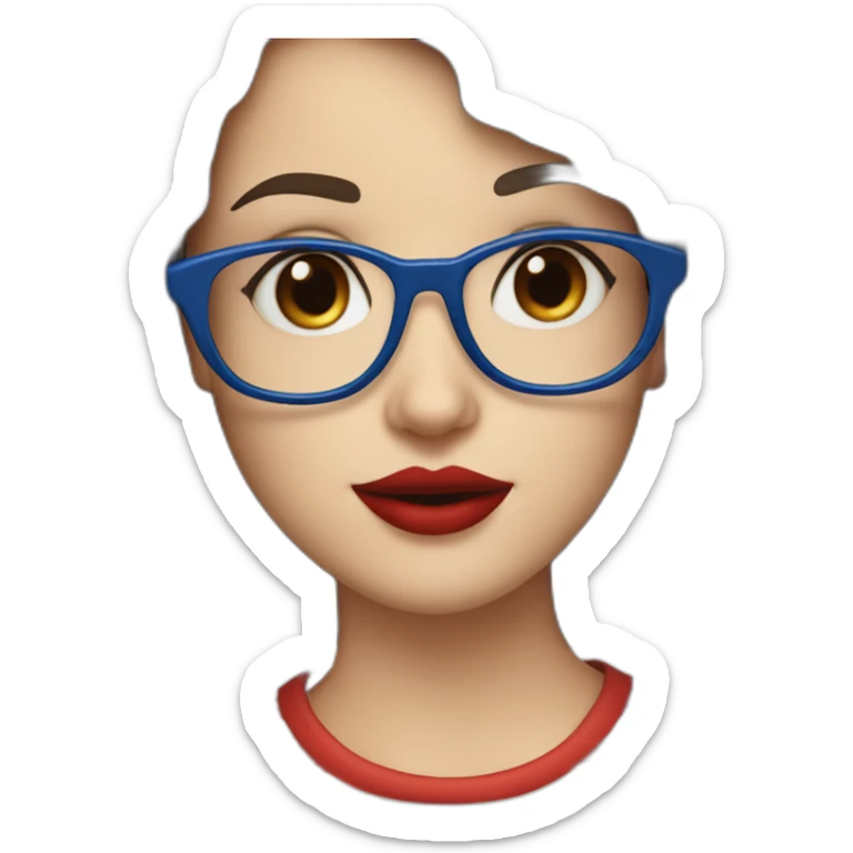 caucasian woman with retro glasses, dark brown hair, bangs, red lipstick, blue and white striped t shirt sticker