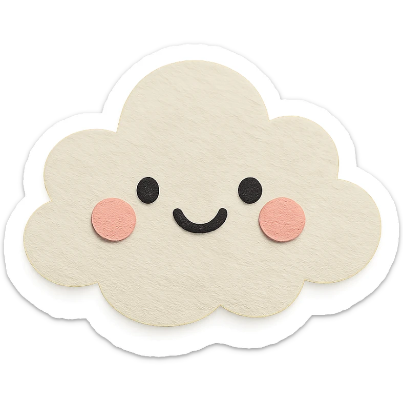 adorable pastel white cloud, happy blushing face, no arms or legs, full body, kawaii paper craft style sticker