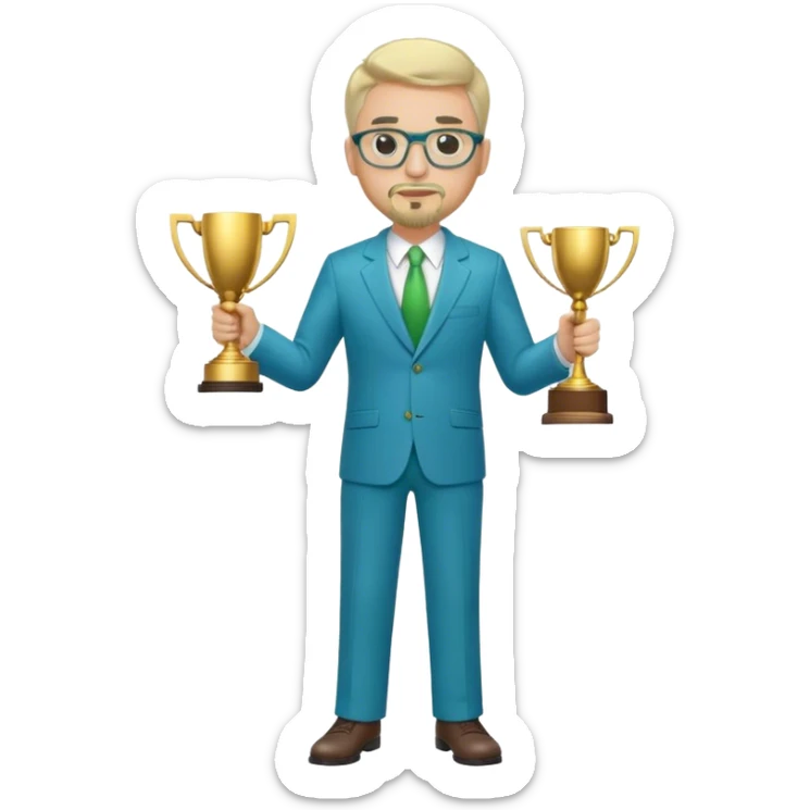 Full Body white fat male  wearing glasses with a goatee with light blonde gray very short hair basketball head Coach in blue and green suit holding trophy sticker
