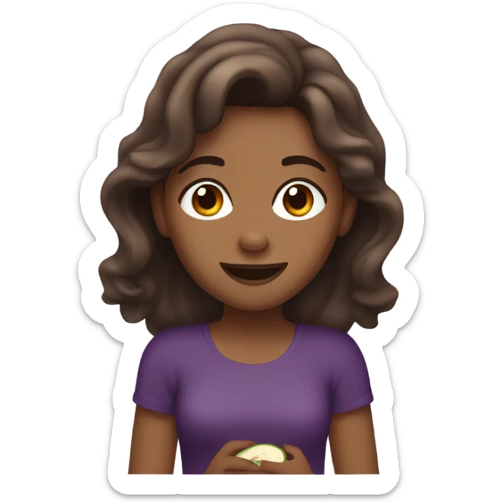Girl with tan skin brown hair and brown eyes with wavy hair eating an eggplant sticker