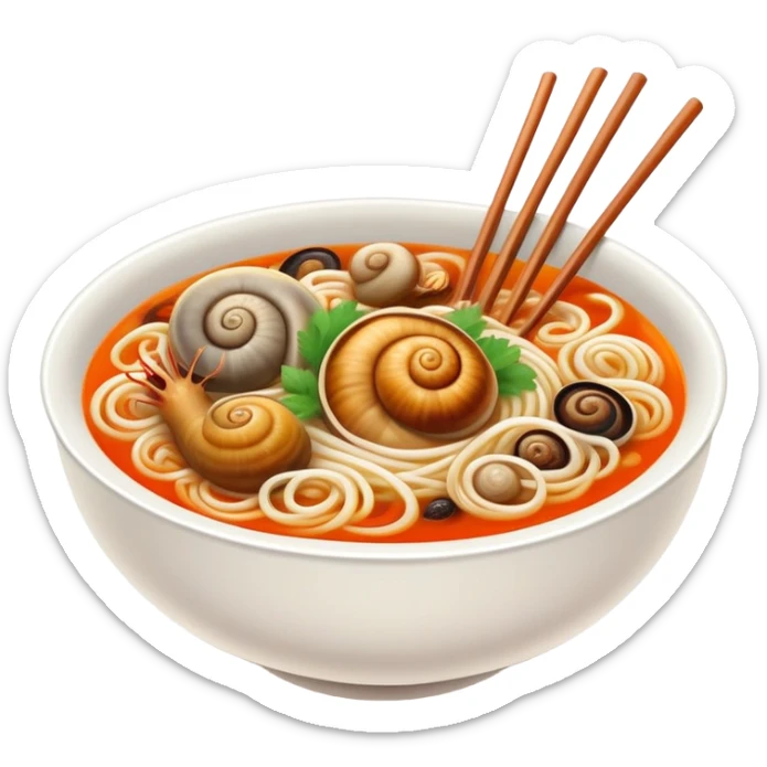 Liuzhou Snail Rice Noodles spicy soup with river snails, simplified emoji style with bold outlines and bright colors, cartoon style Guangxi specialty food sticker