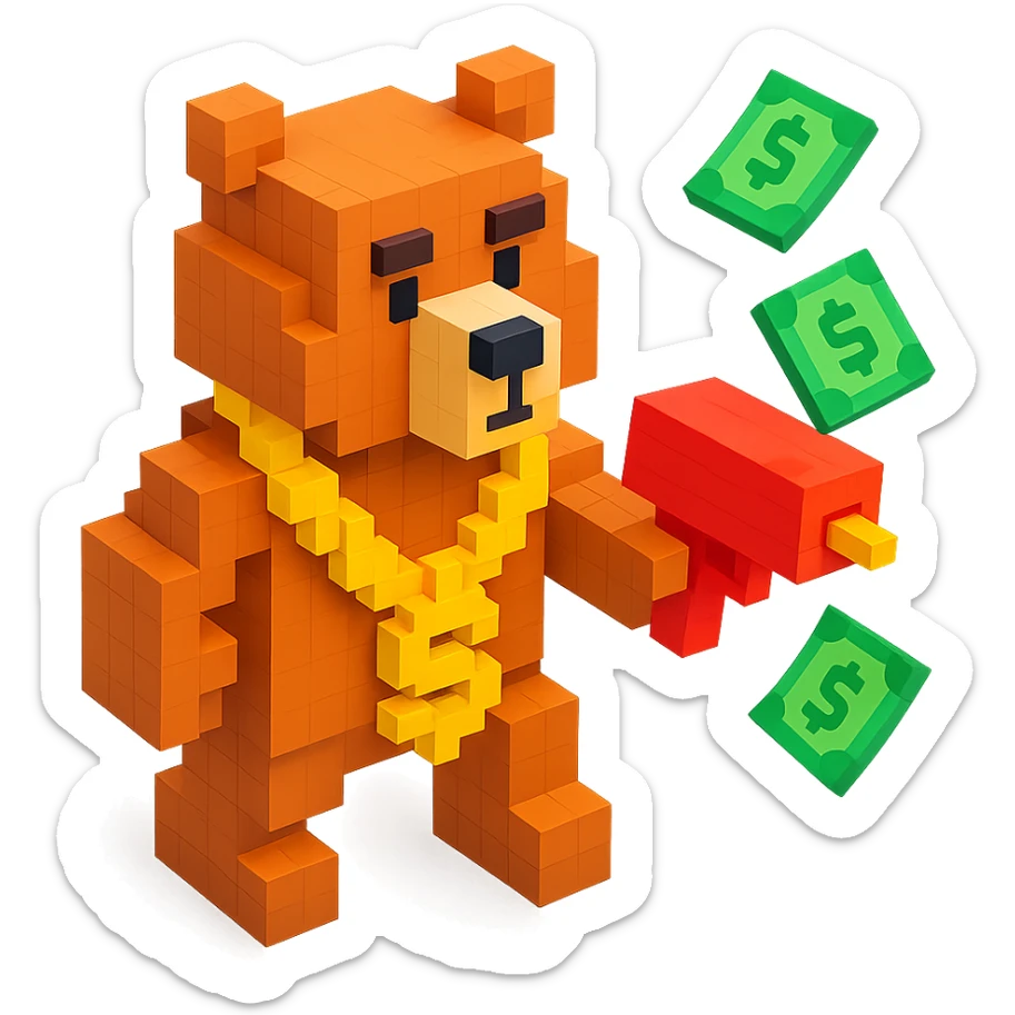 Russian grizzly bear with a rapper chain and money gun, in a playful stance sticker