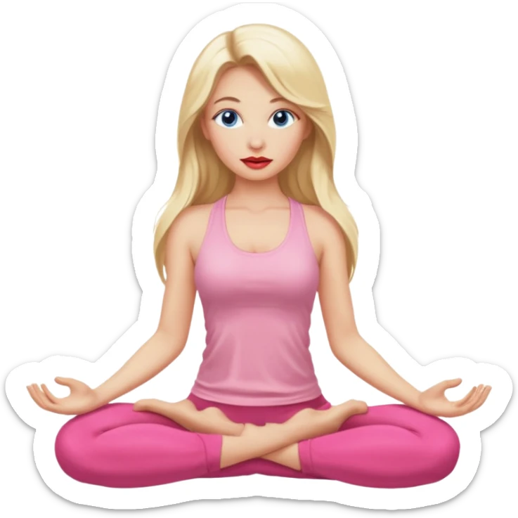 Blonde full long hair, blue eyed, large red lips, yoga woman, light pink clothes, high definition  sticker
