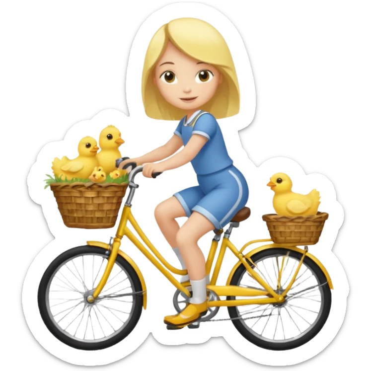 A flat toon cartoon girl riding a bicycle with a basket full of baby chicks, 1:1 square ratio. sticker