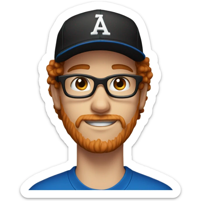 30 years old, male, red hair, curly hair, glasses, black baseball hat, blue eyes, pale complexion, stubble facial hair sticker