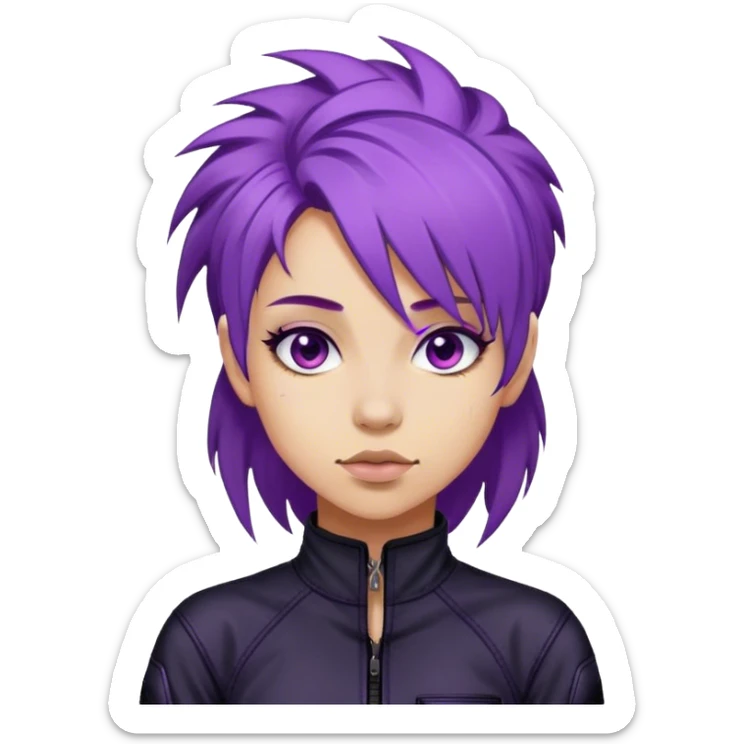 A street racer girl with messy purple hair, black jumpsuit, sticker