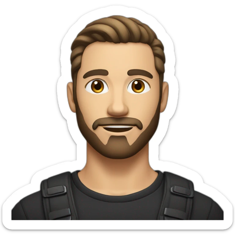 White man with slight sun kissed tan, dark brown eyes and undercut fade hairstyle. He has beard stubble and mustache trimmed. Black clothing, hair styled sideways backwards. sticker