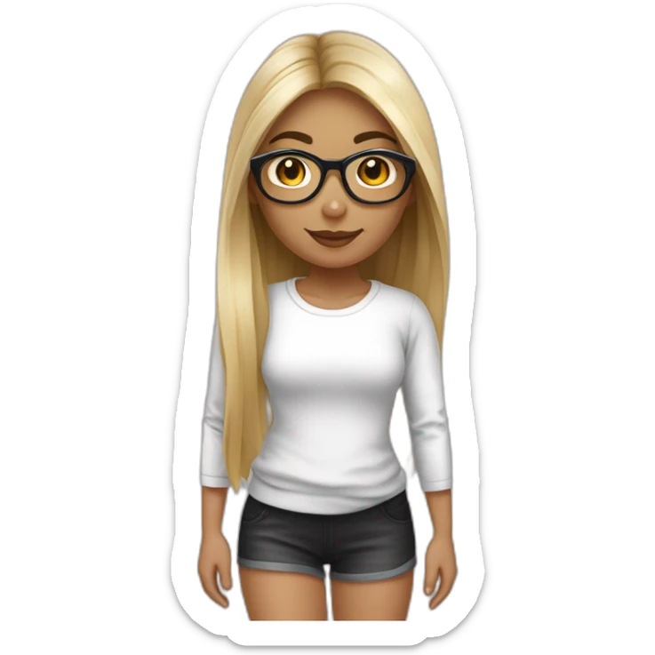 une fille avec de long cheveux noir lisse, la peau blanche ,et avec des lunette (en forme de carrer un peu déformé) assez grosse comparer a ça tête , portant un pull noir sticker