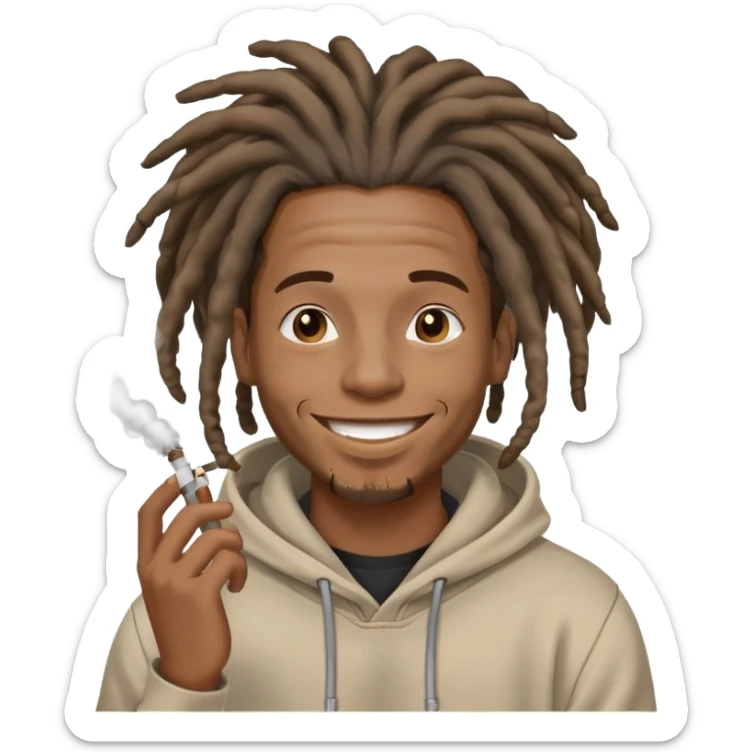 black male with dreadlocks, smiling, exhaling smoke, wearing a hoodie sticker