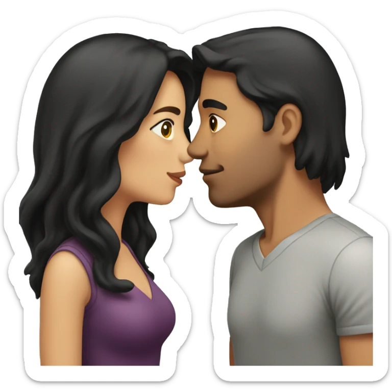 a couple kissing. The man has long brown hair and the woman has chin-length black hair.  sticker