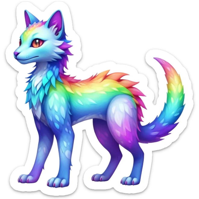 Kawaii neon colorful rainbow iridescent fantasy ethereal feline-vernid-sergal-fursona animal creature with a tufted tail full body with intricate markings sticker