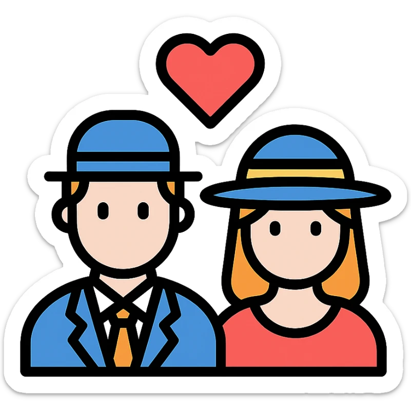 an English man and lady couple with a love heart, flat color icon style sticker