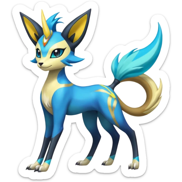 Feral Colorful Painted Asian Graceful Majestic Cool Handsome Meloetta-Zeraora-Luxray-Cobalion-Suicune-Vernid-fusion-hybrid-creature, full body  sticker