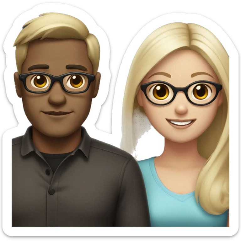 A dark brown haired man with glasses, a girl with very light brown-almost blond hair and a black pug sticker