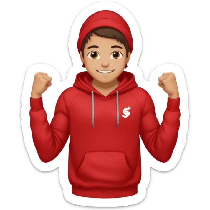 make me an emoji of an americain 19 yearold boy in a red hoodie that says "south" on it and give him with tan skin with his hands in his hands in his pocket grining flexing his muscles sticker