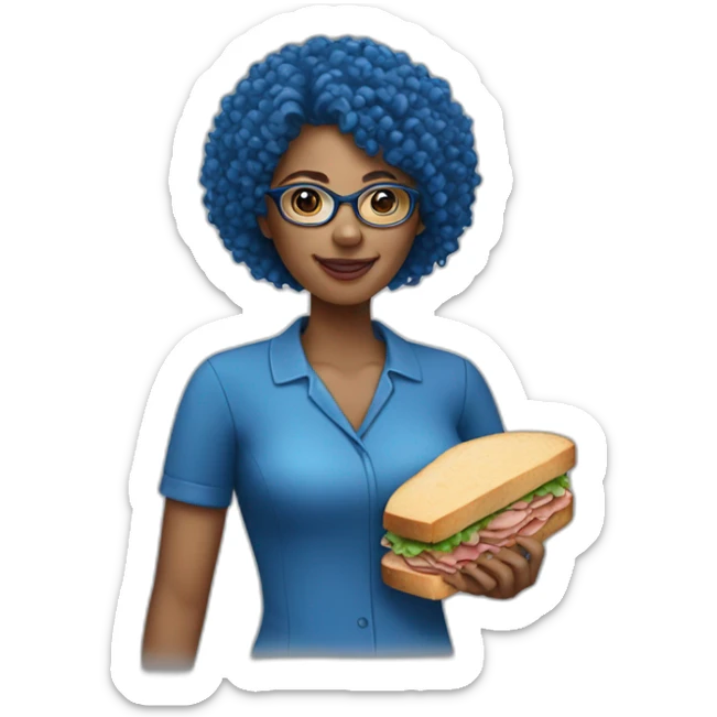 blue curly hair woman with glasses holding a ham sandwich sticker