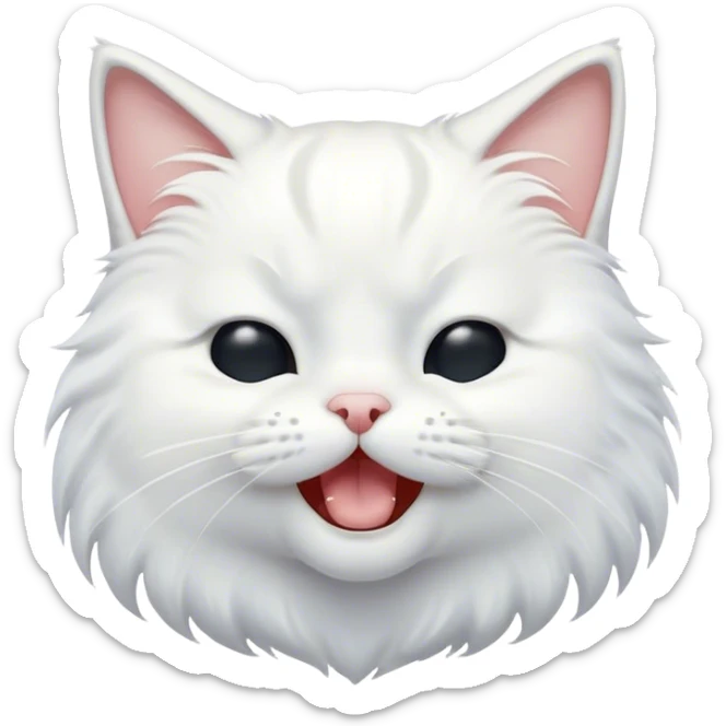 Cinematic Cute Yawning White Cat Portrait Emoji, Head gently tilted with an endearing, wide-open yawn and softly closed eyes, showcasing a pristine white fur with delicate hints of silver, simplified yet irresistibly adorable, highly detailed, glowing with a tender, cozy radiance, high shine, exuding sleepy charm and gentle affection, styled with a soft glowing outline, capturing the essence of a white cat caught mid-yawn, radiating pure, adorable lethargy! sticker