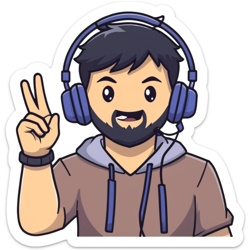 Anime style man with black hair, brown eyes, and black beard wearing gaming headset and making a bravo gesture, anime character design sticker
