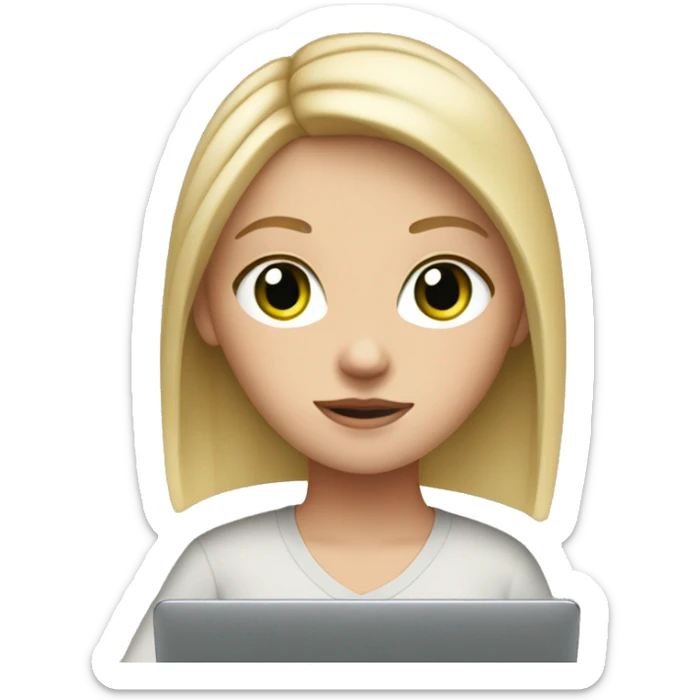 white girl with blonde straight medium length hair and green eyes, and apple laptop in front of her sticker