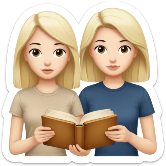 beautiful white girl with black hair in beige t-shirt and beautiful blonde with long hair in beige t-shirt reading beautiful vintage book sticker