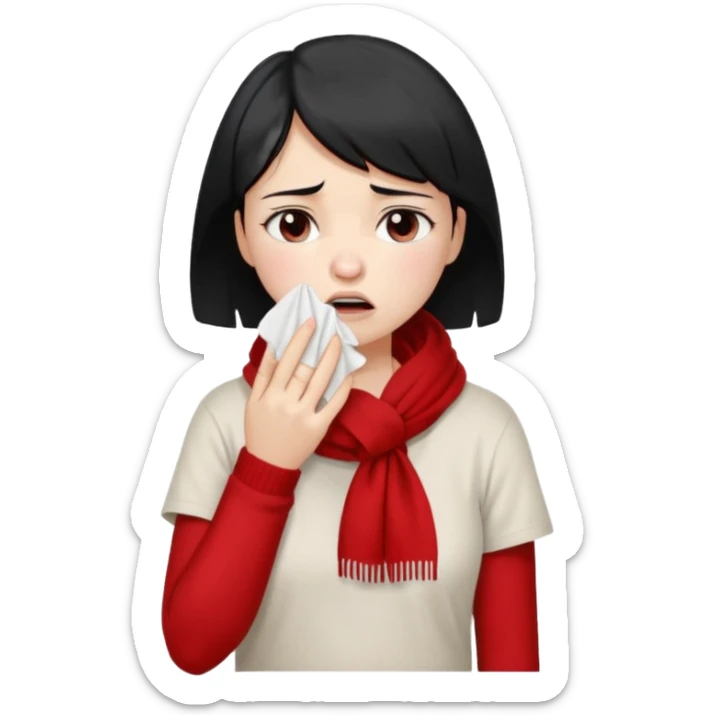 a pretty bratz fair girl crying in a loose oversized off white tshirt and red scarf with short black hair with a tissues in hand sticker