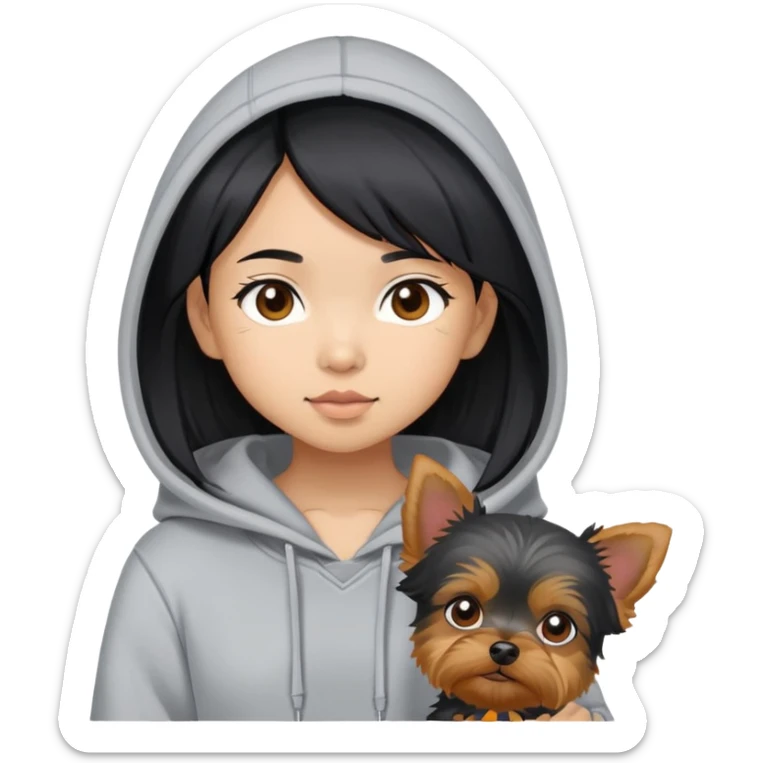 a black-haired asian girl wearing a grey hoodie with a yorkie  sticker