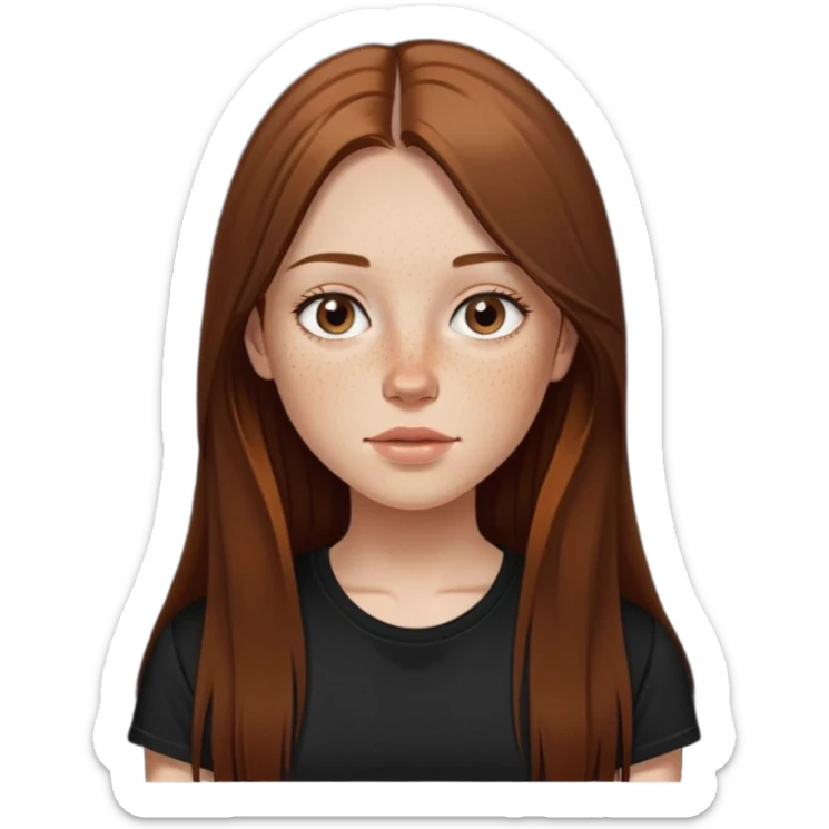 A girl with straight brown long hair. Thin nose with a bit of freckles and on the nose. Slightly plump lips. Black T-shirt sticker