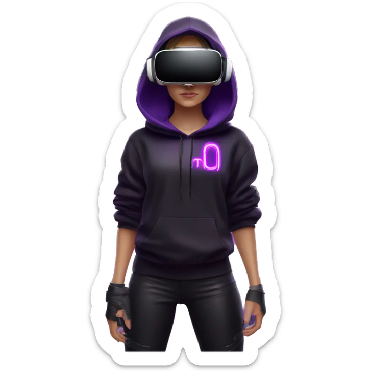 Russian girl wearing black hoody with violet letters "OMG", in vr headset oculus quest2. Standing like jedi. Cyberpunk style. Violet neon. sticker