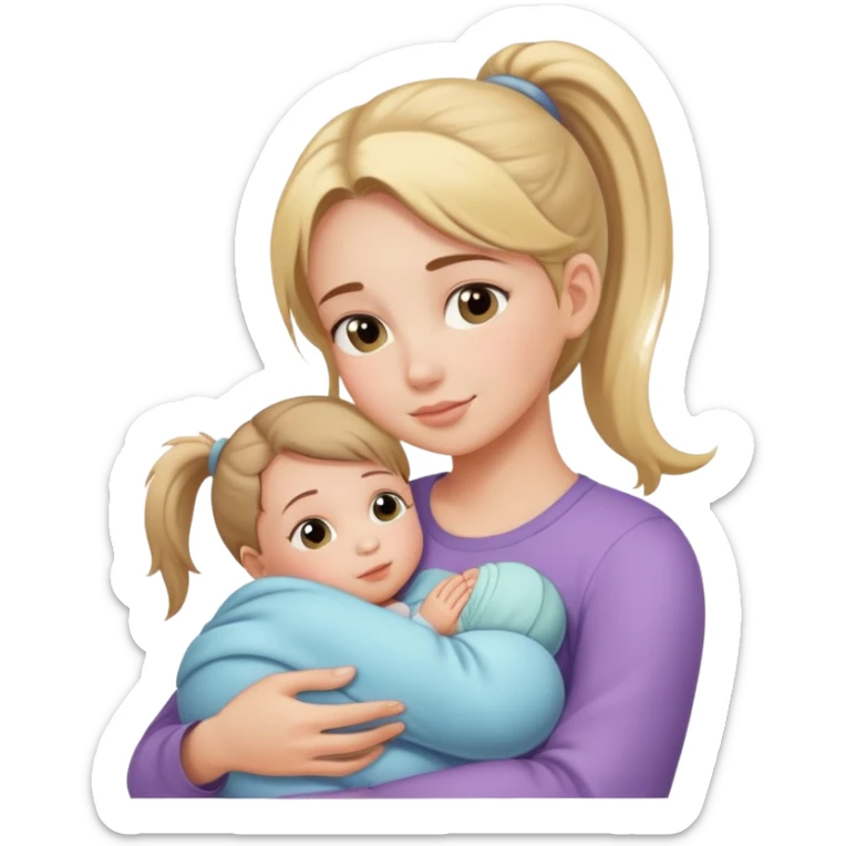 Girl with ponytail gently hugging a newborn baby and a young girl, family moment sticker