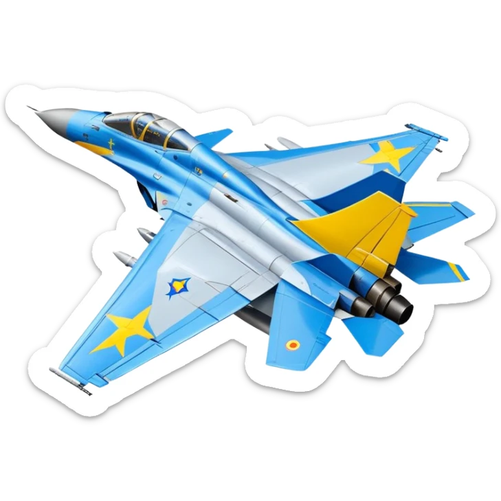 MiG-29 fighter jet with Ukrainian blue and yellow markings, military aircraft sticker