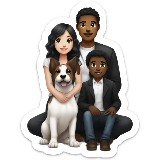 girl with white skin and black hair sitting next to a man with white skin and black hair, a black and white puppy sitting next to them and also a brown puppy sitting next to them sticker