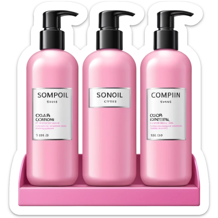 products on a shelf, there are Shampoo bottle, color tube, and conditioner on a pink shelf, the products are luxury brand-labeled and have nice packaging sticker