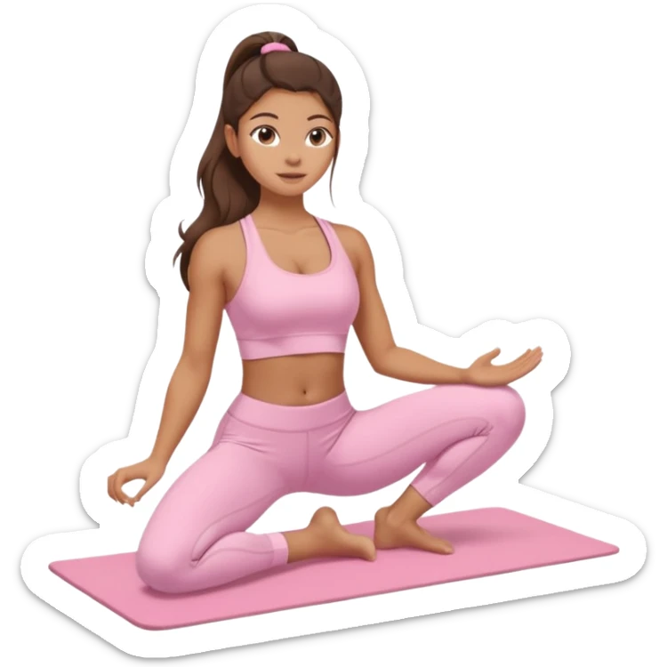 A tanned girl with long brunette hair in her 20’s doing Pilates wearing a ALO baby pink workout set  sticker